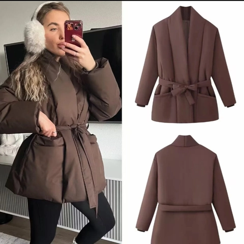 Chaqueta Acolchada Para Mujer Con Cinturón Cintura Con Cordón Abrigo De Algodón Cálido Invierno Color Sólido Solapa Informal