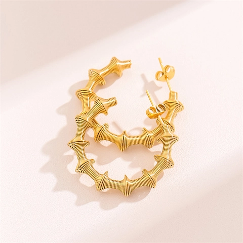 Boucles Oreilles Créoles Acier Inoxydable Plaqué Or Texture Ressort Spirale Creux Forme C Bambou Joint Silver Earring Post