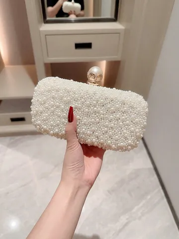 Elegante Damen Abendtasche Vollständig Mit Künstlichen Künstliche Perlen Besetzt Hochzeit Party Handtasche Mit Abnehmbarer Metallkette