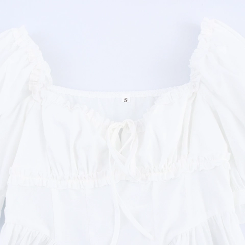 Vestito Lungo Retro Francese Con Scollo Quadrato Maniche A Sbuffo E Ricamo Traforato Tinta Unita Vita Alta Elegante Donna