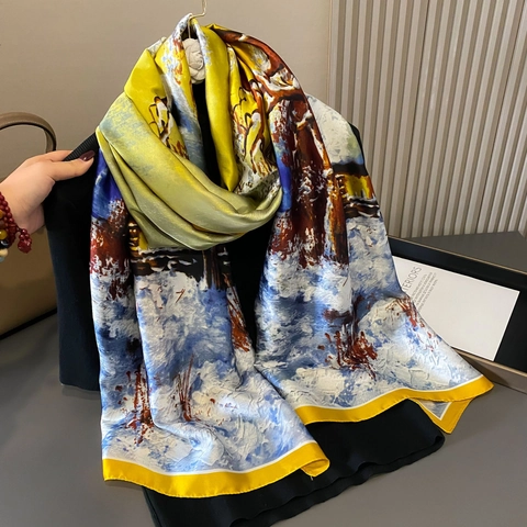 Pañuelo De Satén Artificial Con Estampado De Pintura Al Óleo Retro Chal Largo De Satén Protección Solar Playa Mujer
