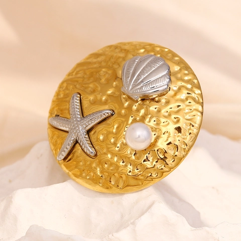 Anillo Abierto De Disco Redondo Acero Inoxidable Chapado En Oro De 18K Concha Estrella De Mar Perla Artificial Tema Océano Moda Mujer