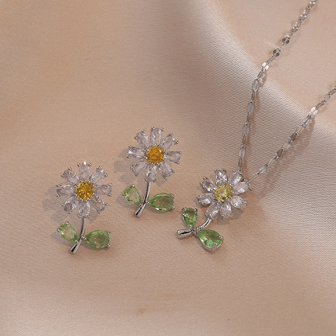 Collana A Fiore Di Margherita E Orecchini Da Donna In Acciaio Inossidabile Con Zirconi Gioielli Floreali Eleganti