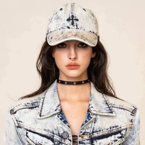 Retro Washed Denim Baseball Cap Distressed Streetwear Sun Hat With Cross Embroidery Adjustable Strap For Men Women