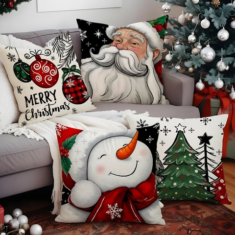 Fundas De Cojín De Navidad Muñeco De Nieve Papá Noel Lino Algodón Impreso Fundas De Almohada Festivas Decoración De Sofá