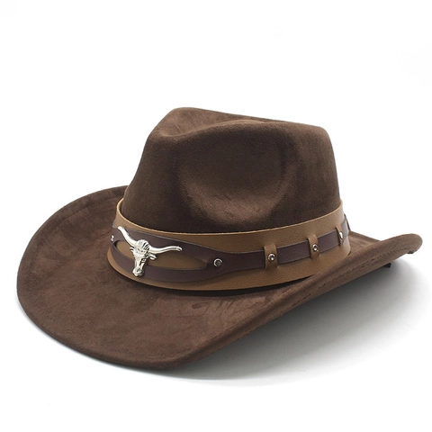 Western Cowboy Hat Faux Suede Wide Brim Metal Bull Head Vintage Retro Fedora Performance Accessory