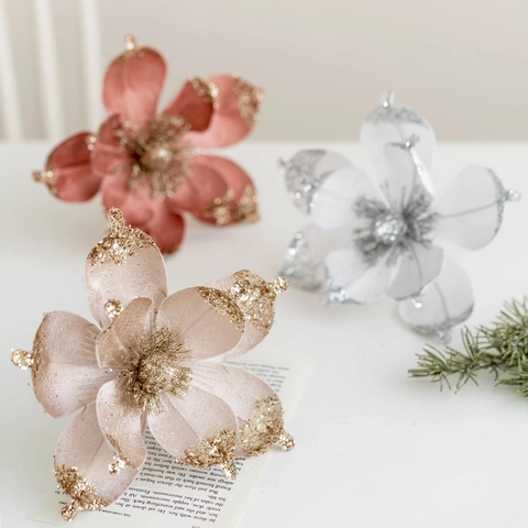 Artificial Christmas Flowers Magnolia Sparkling Glitter Sequin Fabric For Holiday Tree Wreath Ornament Festive Decor Elegant