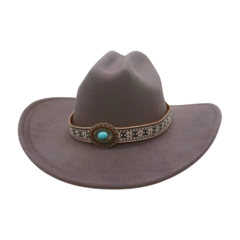 Western Cowboy Hat Wide Brim Wool Felt Ethnic Embroidered Band Turquoise Decor Retro Bohemian Jazz Sunshade Hat