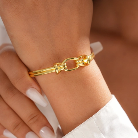 Brazalete De Nudo De Cobre Chapado En Oro De 18K Pulsera Abierta Hueca Ovalada Para Mujer Joyería De Moda