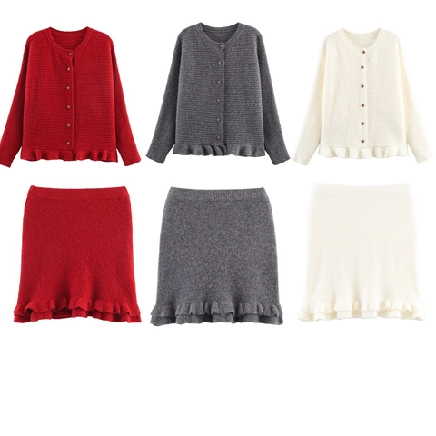 Cárdigan De Punto Y Falda Con Volantes Para Mujer Elegante Manga Larga Con Botones Color Sólido Traje De Otoño Invierno