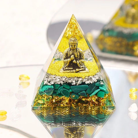 Orgone Pyramid Buddha Statue Resin Healing Energy Tower Handmade Desktop Decor Crystal Stone Gold Foil Meditation