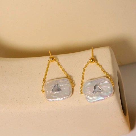 Baroque Freshwater Pearl Drop Earrings With 925 Sterling Silver Post Gold Plated Alloy Chain Rhinestone Geometric Jewelry