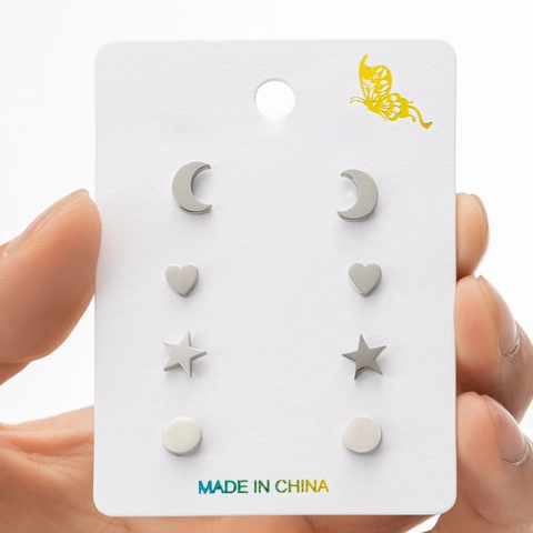 Set da 4 Paia di Orecchini a Bottone in Acciaio Inossidabile per Donna Minimalisti Geometrici Luna Stella Cuore