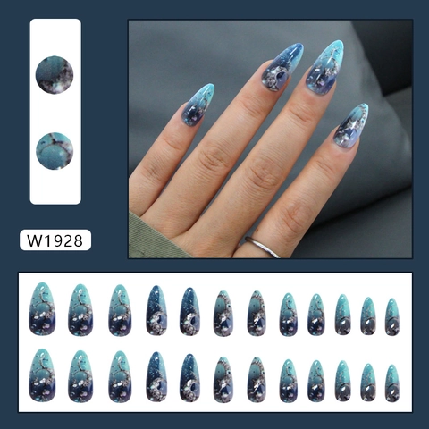 Uñas Postizas Press On Degradado Azul Galaxia Almendra Larga Stiletto Decoraciones Estrella Luna Brillo Plateado Mujeres