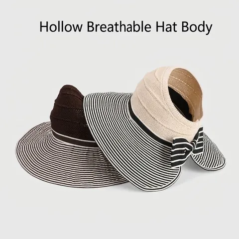 Women Summer Sun Visor Hat Wide Brim Striped Empty Top Breathable Foldable Bow Decor Outdoor Beach Travel Polyester