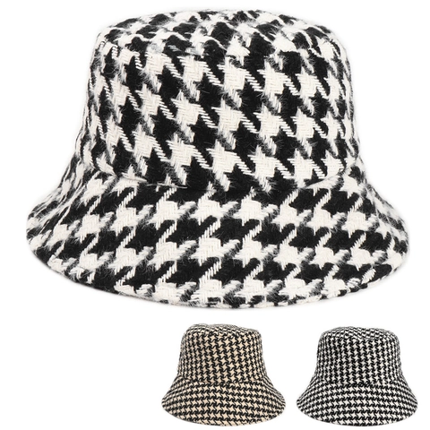 Vintage Houndstooth Bucket Hat Thickened Warm Winter Tweed Retro Fashion Accessory For Women
