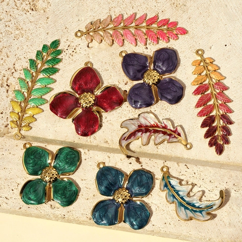 Flower Leaf Starfish Pendants Colorful Enamel Stainless Steel Charms With Rhinestone For DIY Jewelry Making Retro Women