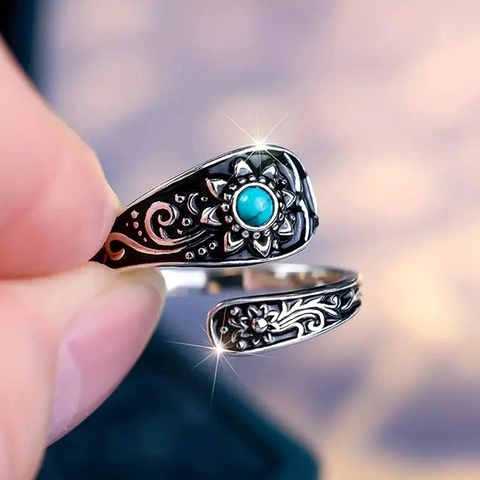 Vintage Floral Open Ring Alloy Imitation Turquoise Adjustable Sunflower Vine Ethnic Bohemian Jewelry For Women