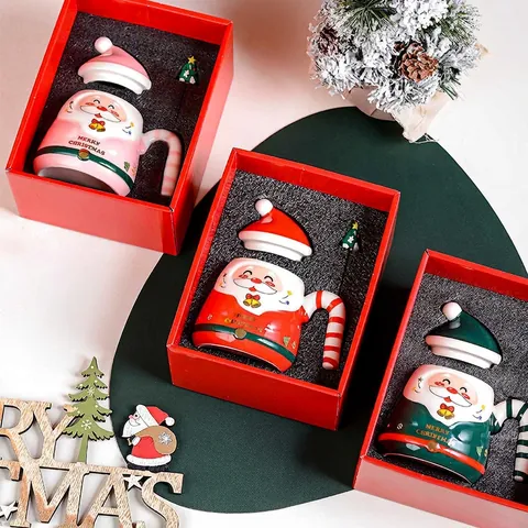 Santa Claus Keramikbecher Mit Hutdeckel Und Baum Löffel Merry Christmas Festliches Geschenk Cartoon Stil