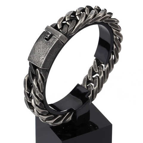 Men Cuban Link Bracelet Stainless Steel Antique Silver Retro Punk Heavy Chain Frosted Texture Jewelry For Father Gift