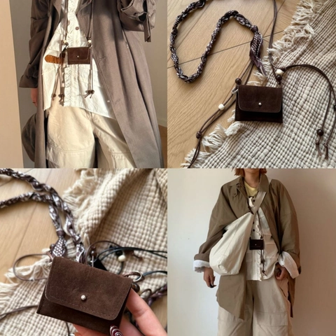 Retro Mini Bag Waist Chain Women Faux Suede Wood Bead Beaded Paisley Fabric Strap Neck Pouch Maillard Accessory
