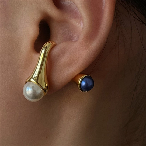 Pendientes De Cobre Geométricos En Forma U Con Perla Artificial Piedra Azul Natural Y Poste De Acero Inoxidable Para Mujer Moda