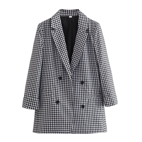 Blazer À Carreaux Gingham Pour Femmes Double Boutonnage Manches Longues Col À Revers Veste De Costume Tissée