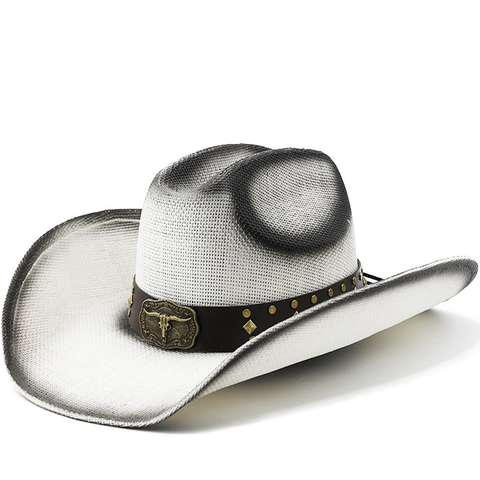 Western Cowboy Straw Hat Wide Brim Sun Protection Outdoor Summer Vintage Woven With Bull Head Skull Belt For Men Women