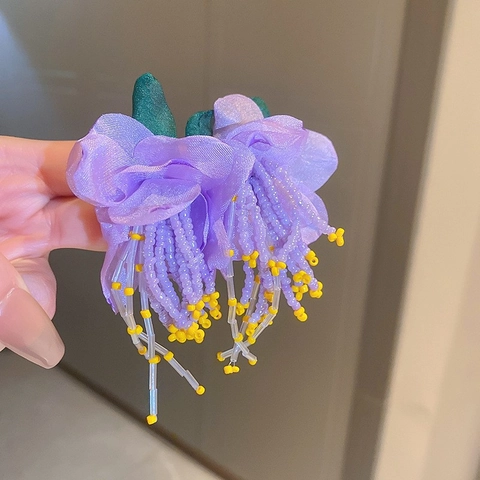 Paarse Stof Bloem Kwastje Oorknopjes Voor Vrouwen 925 Sterling Zilver Stift Zoete Florale Hanger Oorbellen Sieraden Cadeau