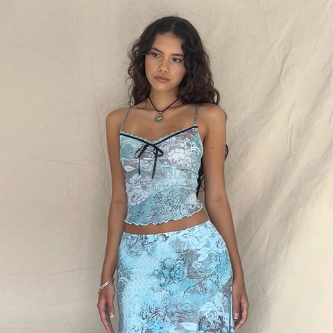 Floral Print Mesh Camisole Top Damen Sexy V Ausschnitt Spitze Bogen Spaghetti Träger Slim Fit Sommer Y2K Ästhetik Cami