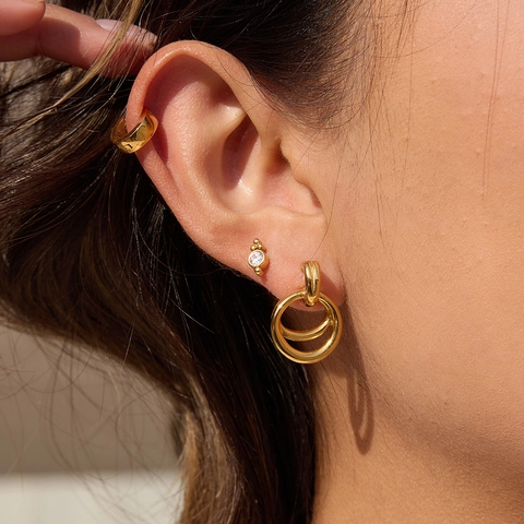 Lot de 3 Paires de Boucles d'Oreilles en Acier Inoxydable Géométriques Double Anneau Pendantes avec Strass pour Femme