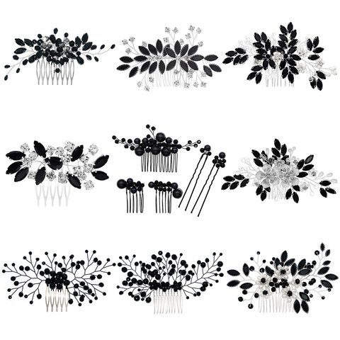 Pettine per Capelli Vintage in Strass Nero Fatto a Mano Donna Sposa Matrimonio Halloween Festa Accessori Perla Artificial Sintetica