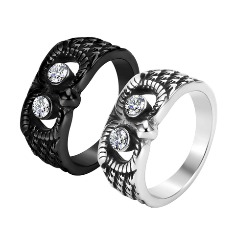 Vintage Stainless Steel Owl Head Ring For Men Women Hip Hop Rhinestone Inlaid Animal Finger Ring Punk Jewelry Gift