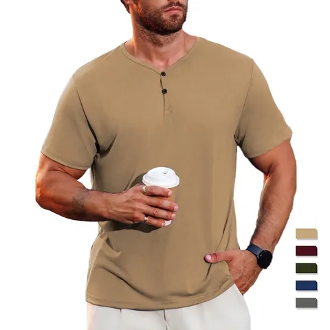 Men Henley Shirt Short Sleeve V Neck Buttons Casual T-Shirt Breathable Polyester Spandex Blend Solid Color Lightweight