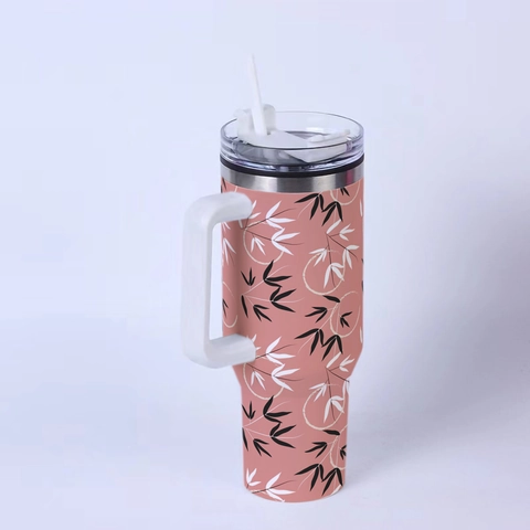 Large Capacity Stainless Steel Insulated Tumbler With Handle And Straw Vacuum Coffee Mug Car Travel Cup Floral Print