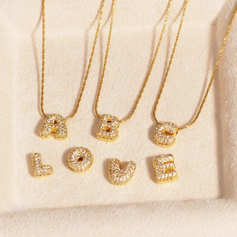 Women Personalized Bubble Initial Letter Pendant Necklace Copper 18K Gold Plated Full Zircon Iced Out Hip Hop Jewelry