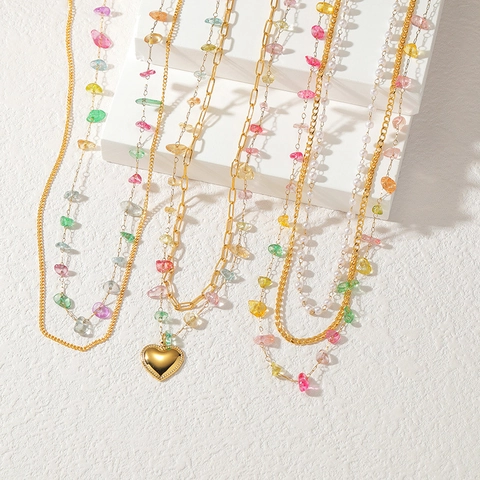 Collana Multistrato Placcata Oro 18K Acciaio Inossidabile Ghiaia Colorata Perla Artificial Sintetica Ciondolo Cuore Donna