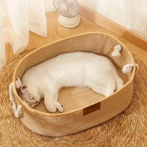 Woven Cotton Rope Pet Bed And Cat Scratcher Breathable Washable Nest With Handles For Indoor Use Small Dogs Cats