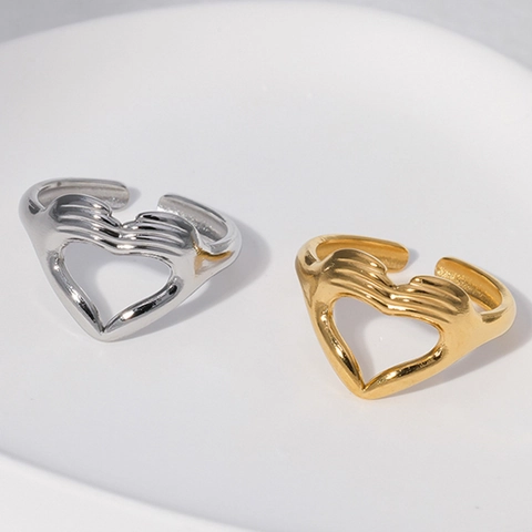 Anillo Ajustable De Acero Inoxidable Dos Manos Forma De Corazón Anillo Abierto Creativo Minimalista Joyería Para Mujeres Hombres