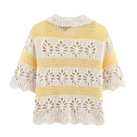 Häkelstrickjacke Kurzarm Gestreift Ausgehöhlt Floral Knöpfe Pullover Retro Boho Stil Damen