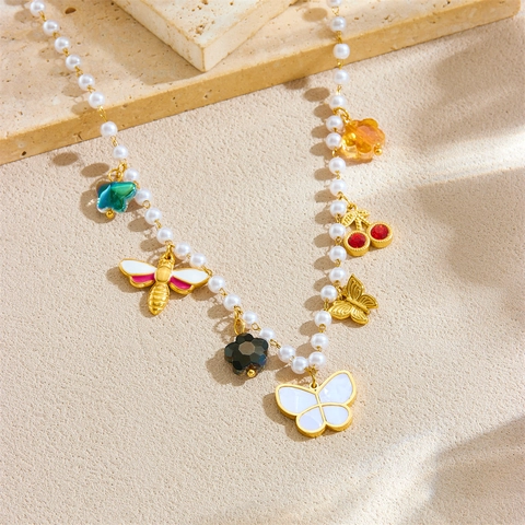 Collier En Künstliche Perles D'imitation En Acier Inoxydable Avec Plusieurs Pendentifs Papillon Abeille Cerise Fleur Émail Style Doux Femme