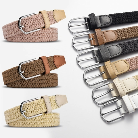 Elastic Woven Belt For Men Women Hole-free Braided Canvas Waistband Alloy Pin Buckle Casual Business Adjustable Stretch Belt