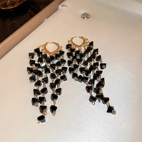 Boucles D'oreilles Gland Géométriques En Cristal Noir Bijoux En Cuivre Avec Tige En Argent Style Coeur Élégant Femmes