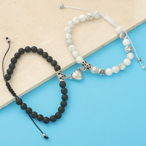 Bracciale Di Coppia Cuore Magnetico Acciaio Inossidabile 304 Pietra Naturale Agata Nera Opaca Turchese Bianca Corda Regolabile