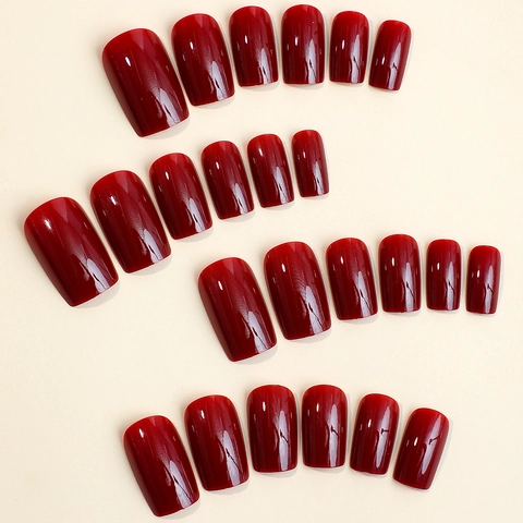 Press On Nails Rectangular Deep Wine Red Glossy Fake Nails With Adhesive Tabs And Nail File For Women Elegant Solid Color