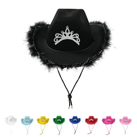 Western Cowboy Hat Polyester Felt Rhinestone Tiara Crown Feather Trim Adjustable Strap Party Costume Princess Style