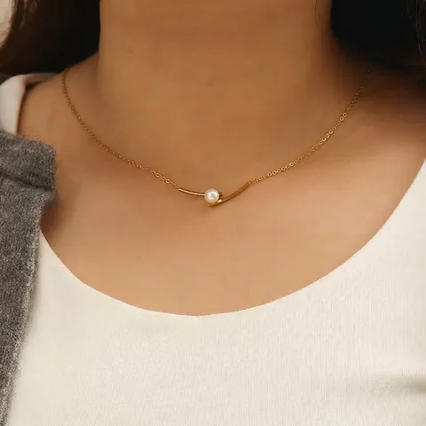 Artificial Pearl Pendant Necklace Stainless Steel Gold Plated Elegant Minimalist Clavicle Chain Jewelry For Women