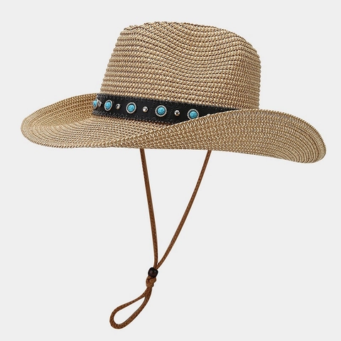 Western Cowboy Straw Hat With Turquoise Beads Faux Leather Band Wide Brim Sun Protection Ethnic Boho Style For Women