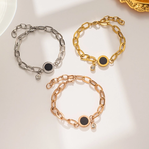 Bracciale In Acciaio Al Titanio Con Numeri Romani E Disco Nero Ciondolo In Zircone Placcato Oro Rosa 18 Carati Moda