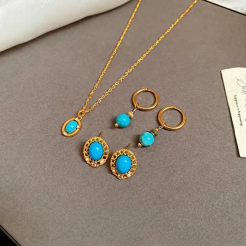 Französischer Retro Türkis Zirkon Anhänger Halskette Und Ohrringe Schmuck Mit 925 Sterling Silber Ohrstecker Für Frauen